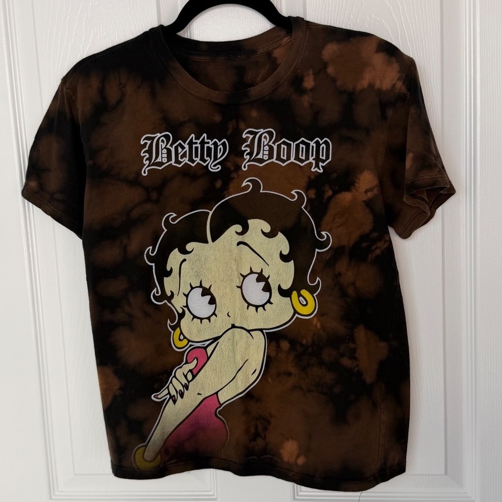 Betty Boop Graphic T-Shirt Brown Black Bleach Tie Dye Grunge Cotton Medium